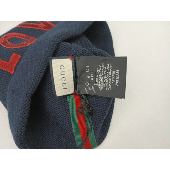 Gucci Dark Blue Wool Knit Red "LOVED" Sequin Patches Beanie Hat L/58 481356 4000 - Picture 3 of 4